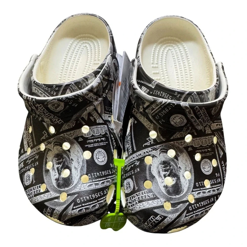 Crocs Classic Glow Money Clog K Kids J1 Black White $100 Bill 211592-3VN New